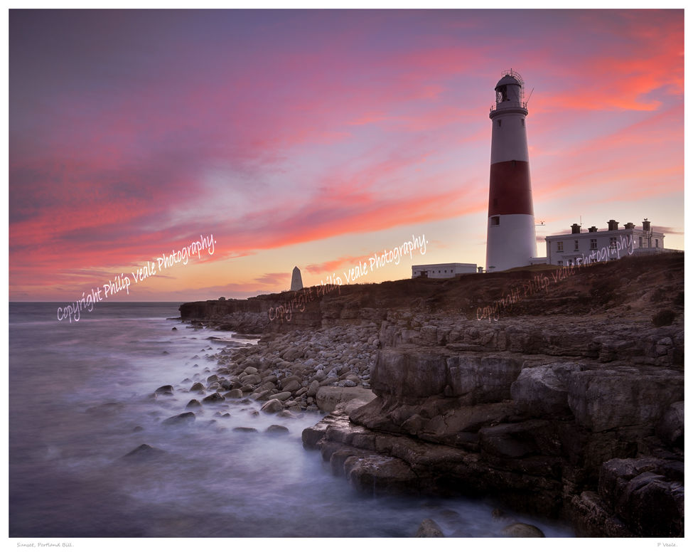 Stunning sunset over Portland Bill Lighthouse.