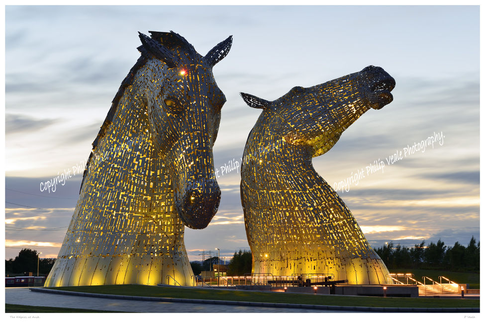 The Kelpies at dusk.