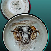 Blackface Ram Hand Painted Bowl. (back left) Longwool Bowl, also unique and hand painted. Designs used for Printed Mugs and Tiles.