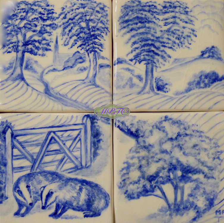 The Badgers 1. four tile Splashback £100. Four 5 inch Hand Painted Tiles.