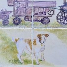Close up view of Dog "Dog & Threshing Machine"