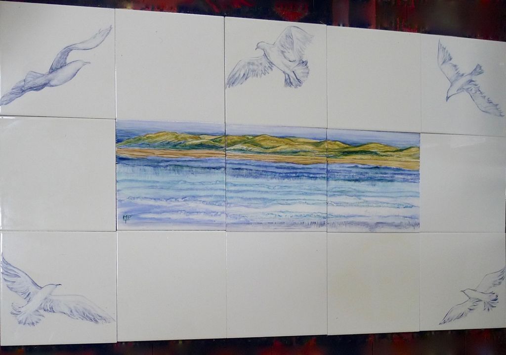 "The Seagulls" New Hand Painted Design from Margaret Taylor. Normal Price £150.00. Sale Price £125.00 Fifteen 6 inch Tiles. Watermark to protect copyright