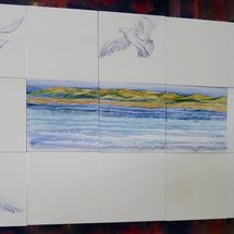"The Seagulls" New Hand Painted Design from Margaret Taylor. Normal Price £150.00. Sale Price £125.00 Fifteen 6 inch Tiles. Watermark to protect copyright