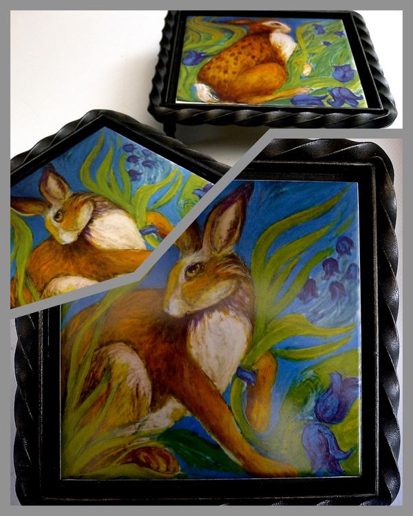 Limited Edition "Hare Belles" Printed Tile, set in a Wrought Iron Trivet £44.99 Complete with Tile from choice of two 'Hare Belle' tiles.