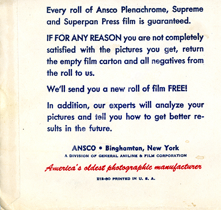 Ansco film packet rear from 1940s or 50s.