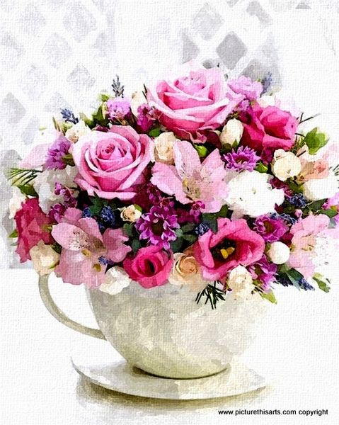 No 17. Pink roses in large tea cup.