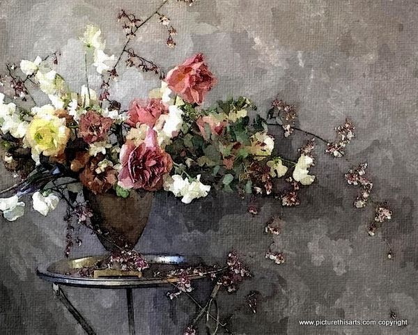 No 31. Flower display on grey wall.