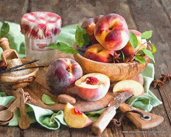 No 47. Peaches on wooden board.
