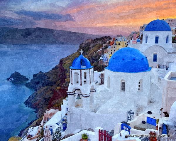 No 2. Santorini blue domes evening time.