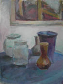 Still life with picture, jar, vases & blue cloth.