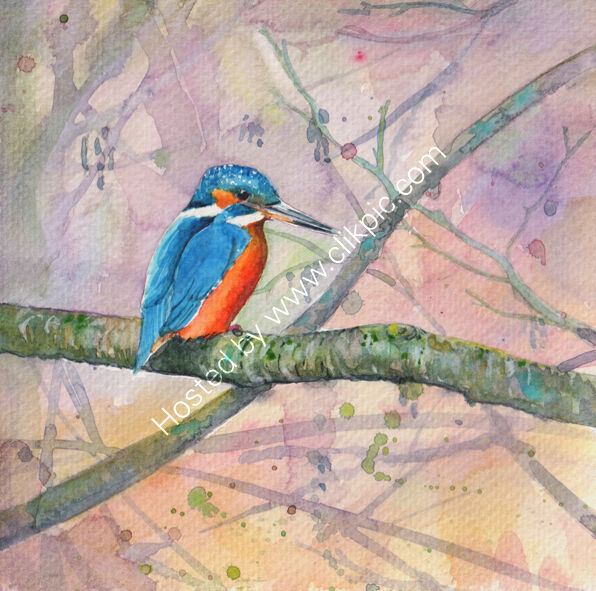 A kingfisher on a branch, pink and yellow background, bird art