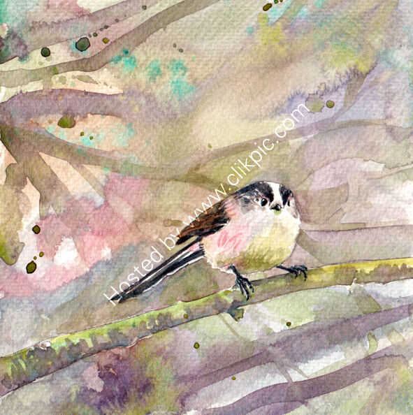 Long-tailed tit on purple, bird art
