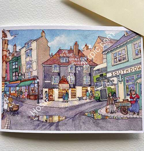 A greetings card featuring the Old Bun Shop, Pool Valley, Brighton