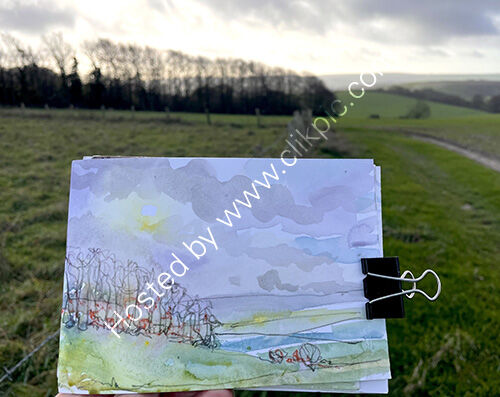 winter watercolour sketch on the South Downs Way