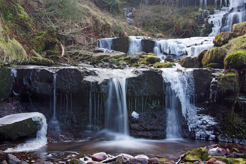 A small waterfall almost frozen over at Blaen y Glyn