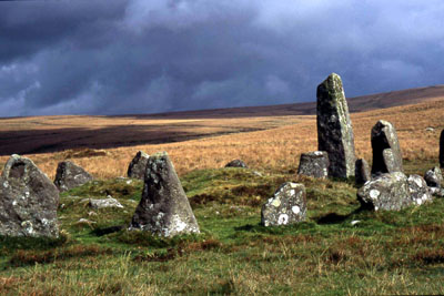 Stone row at Down Tor, Dartmoor.