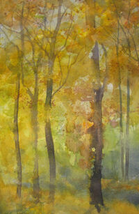 Autumn, Finches Calling autumn woodland watercolour