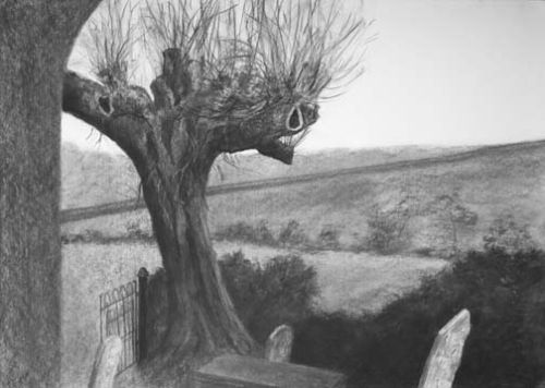 charcoal outdoor view from church porch