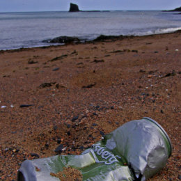 Seawashed empty Carlsberg can, washed up on the seashore at Saltwick Bay.