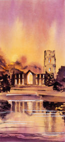 Fountains Abbey - Floodlit (watercolour) by Derek Hopper