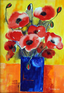 Poppies in blue vase (acrylic) by Sheila Linkleter