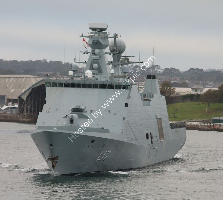 HDMS ESBERN SNARE L17 Dock Landing & Assault Ship Royal Danish Navy Leaving RN Dockyard Devonport Plymouth Devon UK 2020 Order-Number RDNAMP17