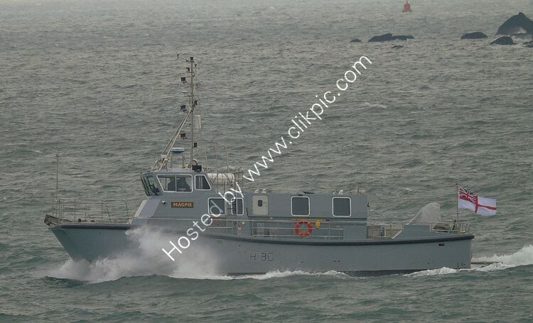 HMS MAGPIE H130 British Royal Navy Utility Transport Entering Plymouth From RN Devonport Dockyard Plymouth Devon UK 2024 Order Number RNGB-SV13