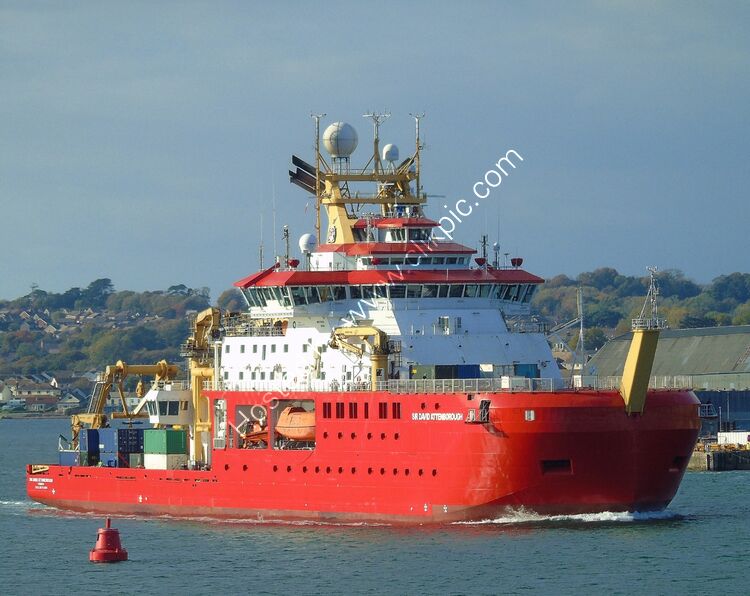 RSS SIR DAVID  ATTENBOROUGH Ow-Natural Enviroment Research Council Op-British Antartic Research Council Gt-15609 Length-423ft Leaving RN-Devonport D-yard Plymouth Devon UK 2025 Order No-RSV88