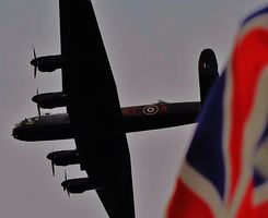 Ref ALT91 Avro Lancaster B1 PA474 Battle Of Britain Memorial Flight Flying Over The Union Flag Bournemouth Air Show Hampshire GB 2014 (C) RLT Aviation And Maritime Images 201