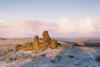 Great Staple Tor moonset, sunrise, winter dusting