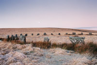 Grey Wethers double stone circle, frosty dawn, moonset