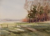 659 Pitsford Water Trees and Fence Watercolour 34 x 25 £125.00