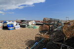 Crab and lobster pots, nets, and fishing boats on Aldeburgh beach