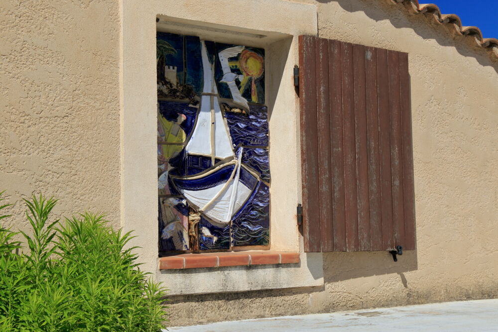 Coloured mural of sailing boats at La Madrague, Var
