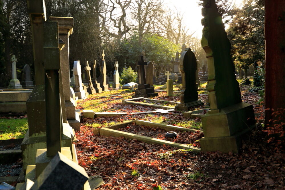 Old gravestones in Lawnswood Cemetery, late afternoon, winter