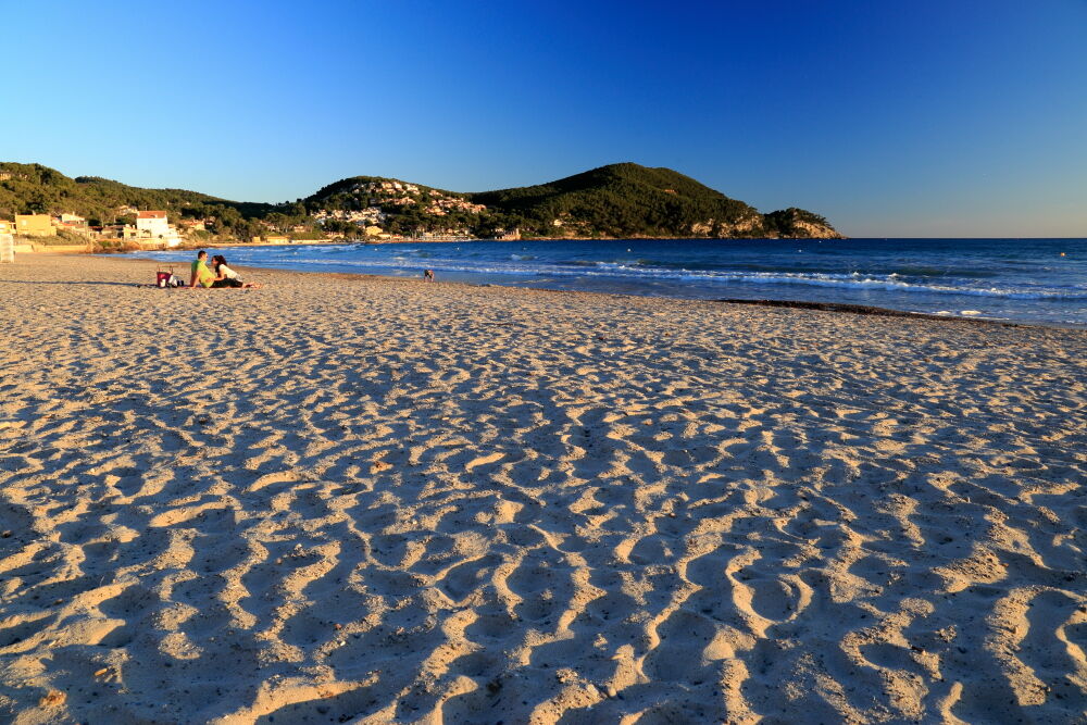 Rippled sand on the beach at Les Lecques in evening sun