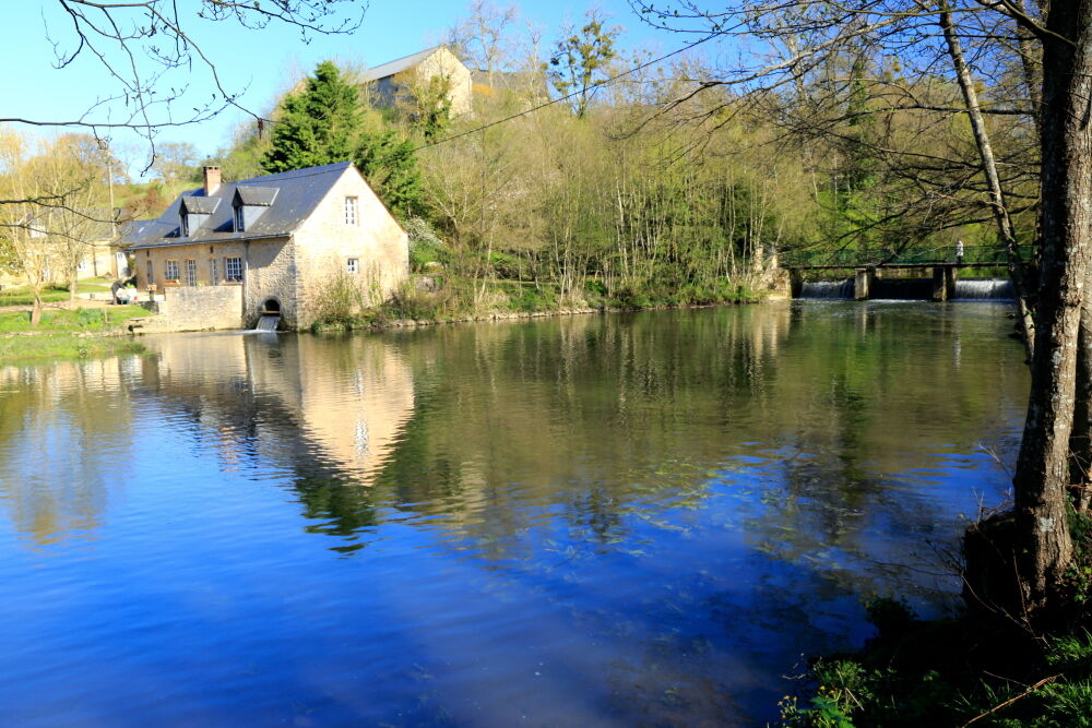Millpond, reflections, at water mill, St Cénéri