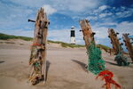 Rotting wooden posts and fishing debris at Spurn Point lighthouse