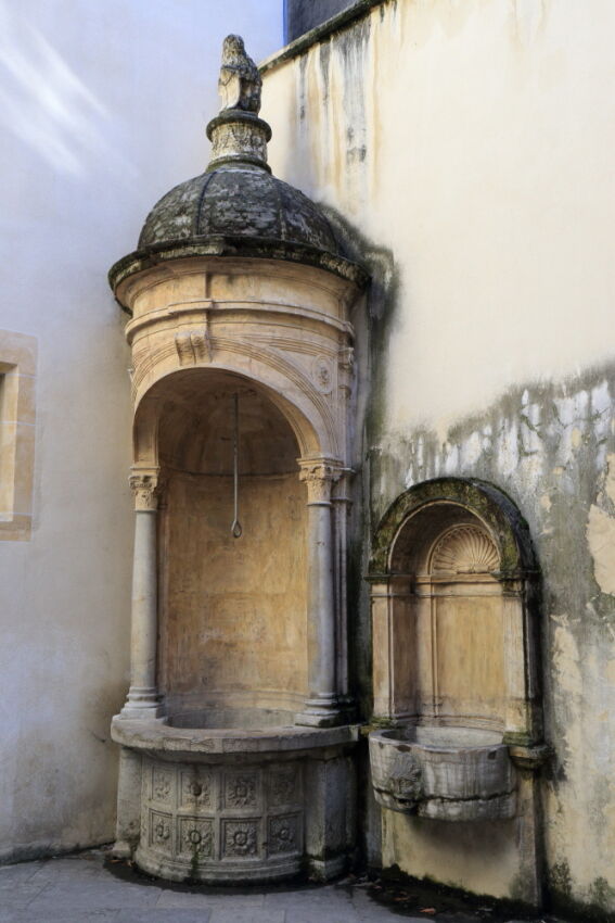 Ancient stone well and basin with scallop pilgrimage symbol in Vieux Lyon
