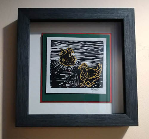 Two French Hens, original print and gold, FRAMED
