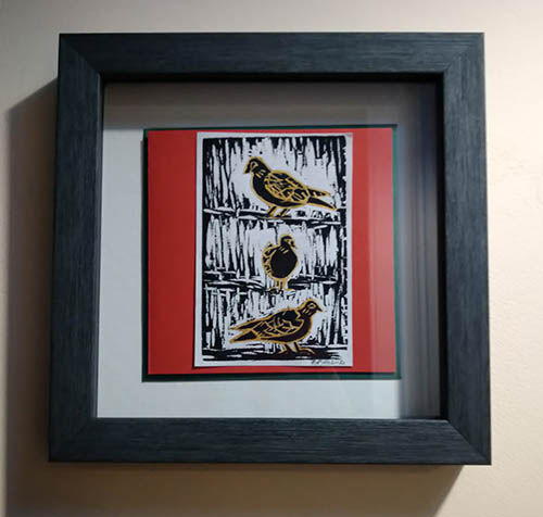 Three Turtle Doves, original print and gold, FRAMED