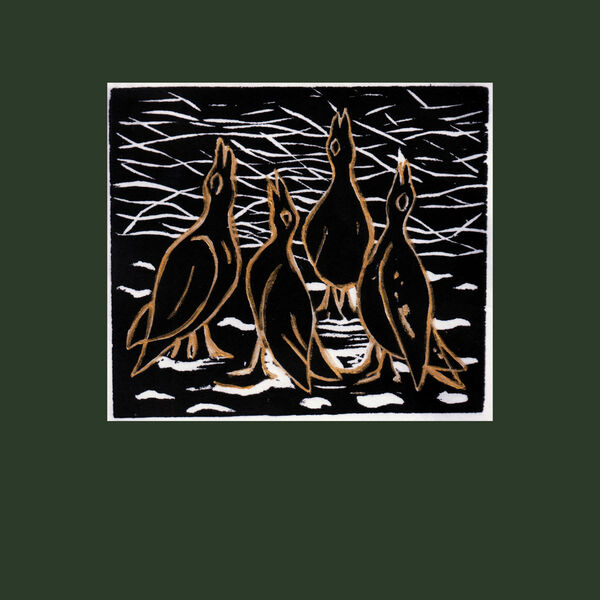 Four Calling Birds - woodcut print of 4 singing birds, green back ground.
