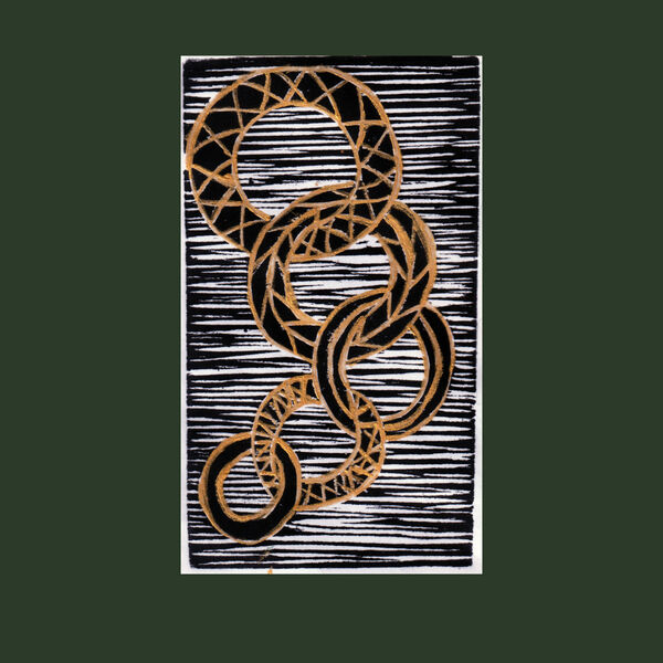 Five Gold Rings - woodcut print of 5 gold rings, green back ground.