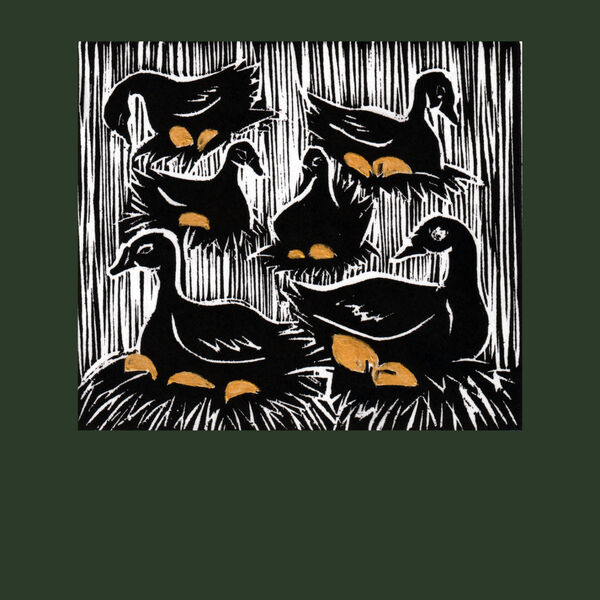 Six Geese A-laying - woodcut print of 6 geese on nests with golden eggs.