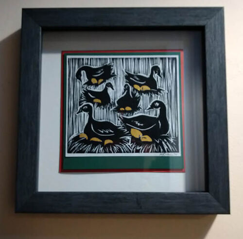 Six Geese a Laying, original print and gold, FRAMED