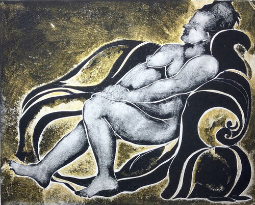 woman sitting on a golden and black abstracted throne