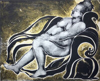 Boudicca After a Bath woman sitting on a golden and black abstracted throne
