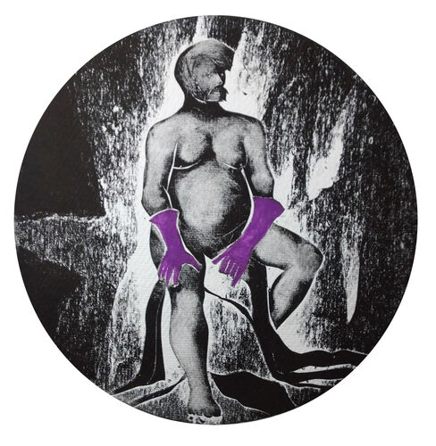 male nude, seated wearing purple rubber gloves