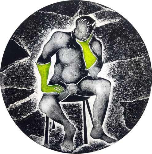 male nude, reclining against a sofa - holding a can of furniture polish in his hand, wearing a pink neon rubber gloves/ looking down at a tiled floor