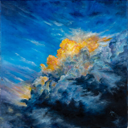 oil painitng - sky, clouds, golden lining, moody, purple